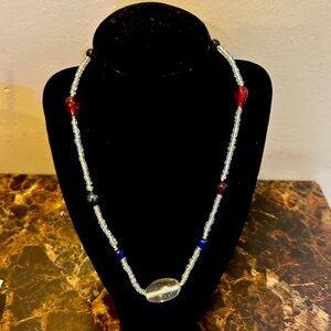 Beaded single strand Necklace with Red and Blue Accents